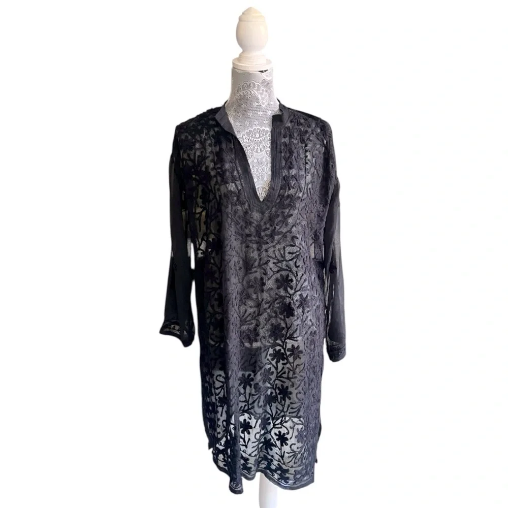 Swim Suit Beach Cover Up Women’s Sheer Black Floral Design, Medium/Large